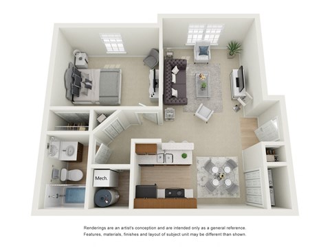 Floor plan for 1 bed, 1 bath, 678 sqft